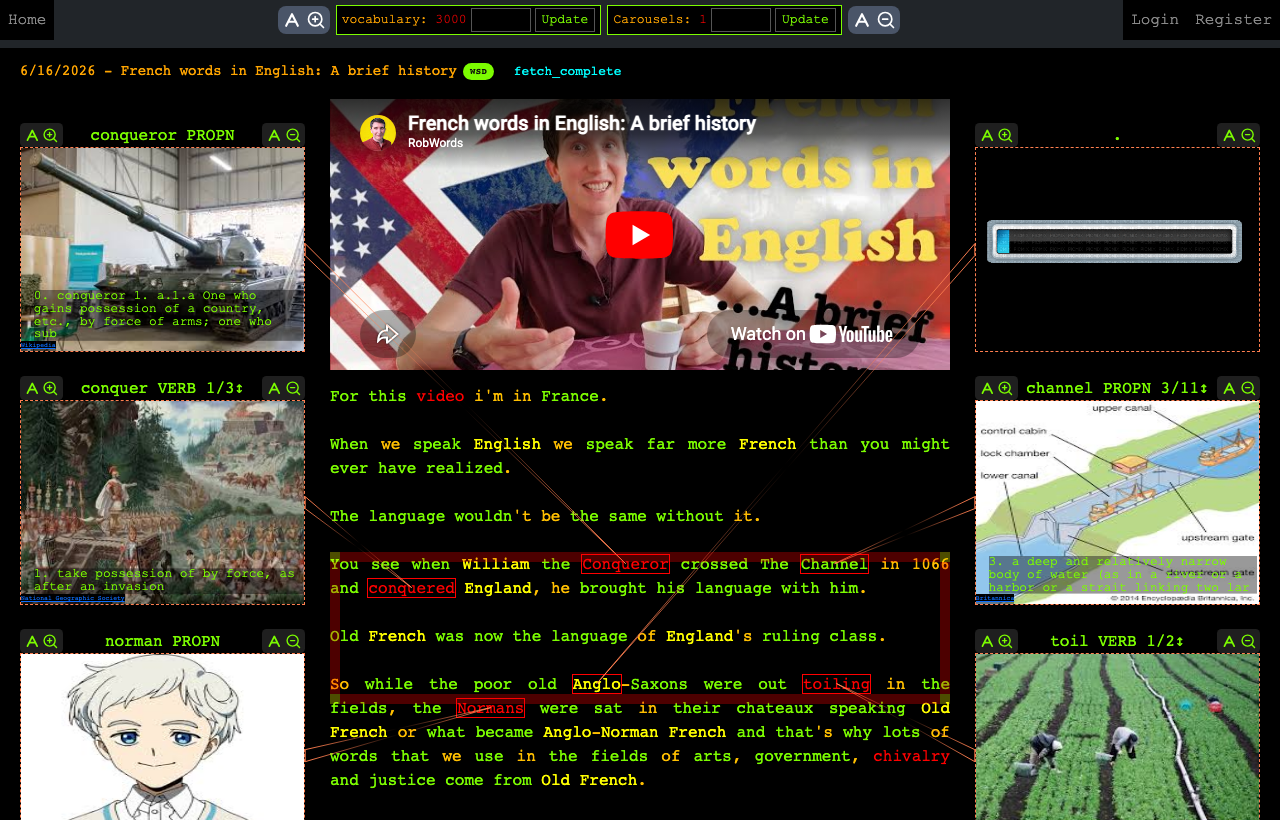 The reader: video, subtitles, word boxes and arrows